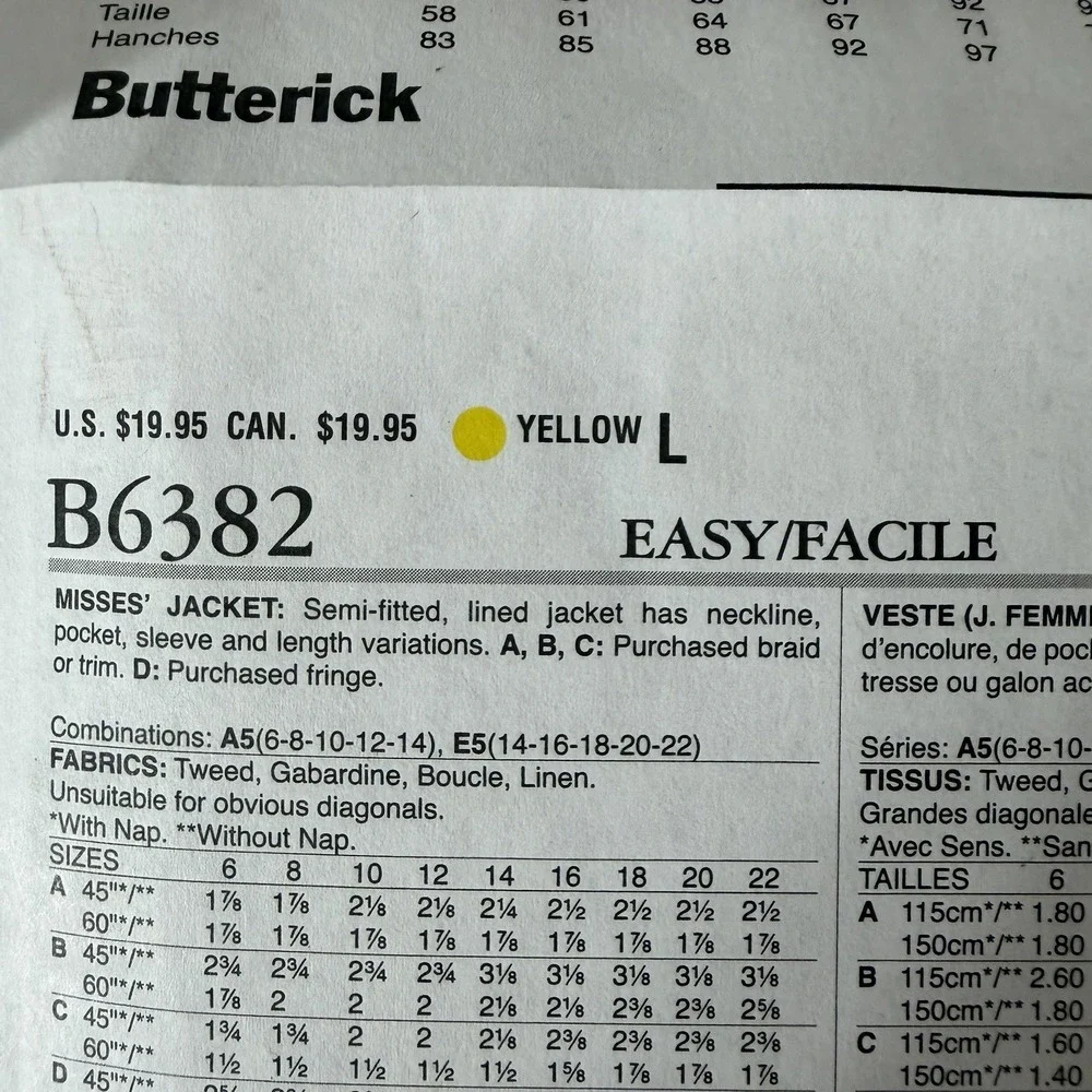 BUTTERICK 6382 - SEMI-FITTED LINED JACKET SIZE 14, 16, 18, 20 & 22 Uncut FF